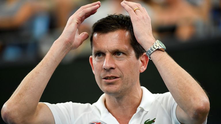 Britain's team captain Tim Henman reacts as he watches his team take on Australia at the ATP Cup tennis tournament in Sydney on January 9, 2020.