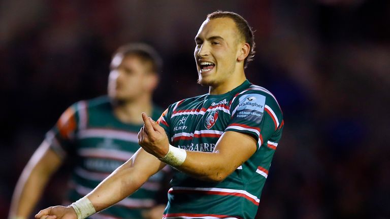 LEICESTER, ENGLAND - NOVEMBER 02: Tom Hardwick of Leicester Tigers celebrates scoring the match-winning penalty during the Gallagher Premiership Rugby match between Leicester Tigers and Gloucester Rugby at on November 02, 2019 in Leicester, England. (Photo by Malcolm Couzens/Getty Images)