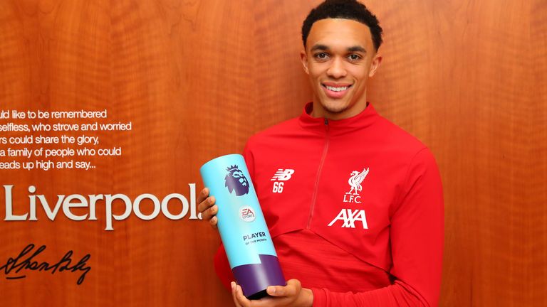 Trent Alexander-Arnold is presented with the Premier League Player of the Month for December