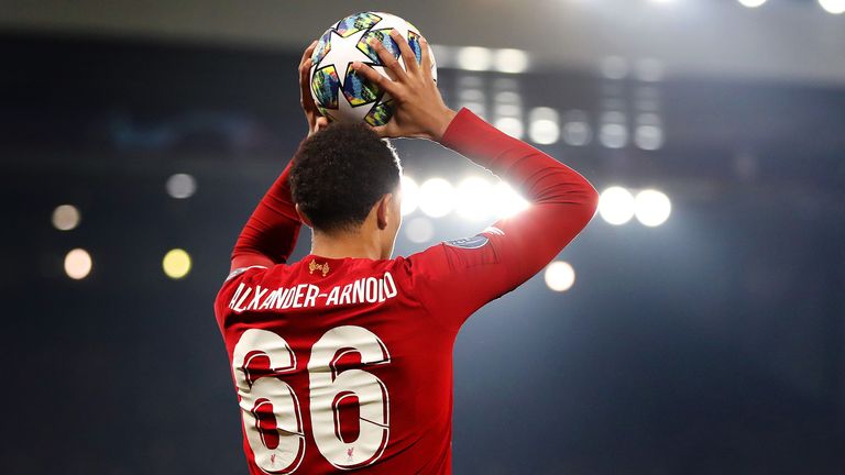 Trent Alexander-Arnold takes a throw-in for Liverpool