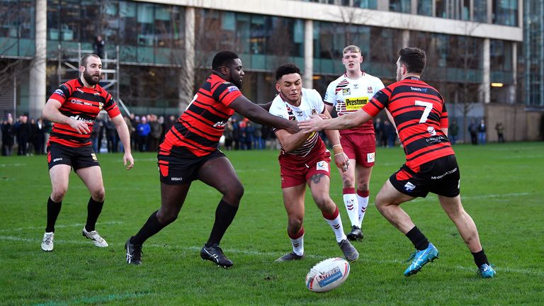 LONDON, ENGLAND - JANUARY 17: Umyla Hanley of Wigan Warriors in action during the 2020 Capital Challenge match between London Skolars and Wigan Warriors at Honourable Artillery Company on January 17, 2020 in London, England. (Photo by Justin Setterfield/Getty Images)