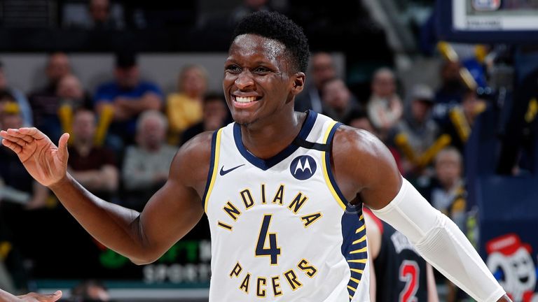 Victor Oladipo celebrates after draining a clutch three-pointer against the Bulls