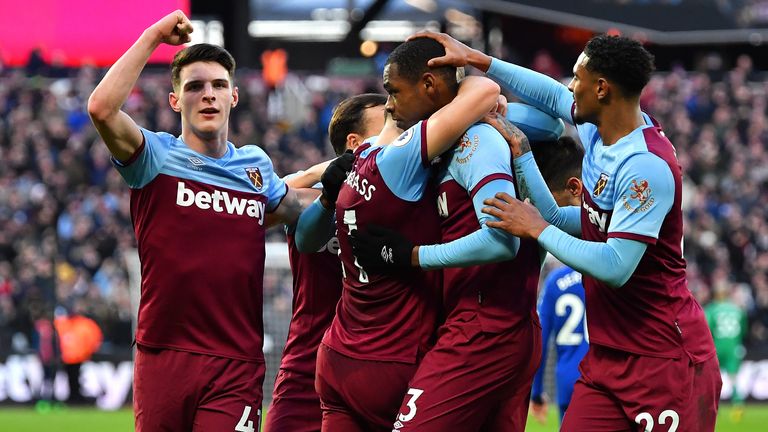 The West Ham players celebrate Issa Diop's 40th-minute opener