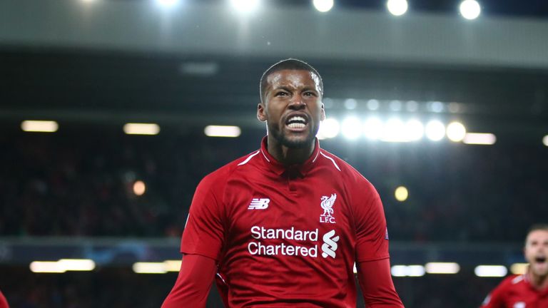 Georginio Wijnaldum of Liverpool celebrates after scoring his team's third goal during the UEFA Champions League Semi Final second leg match between Liverpool and Barcelona at Anfield