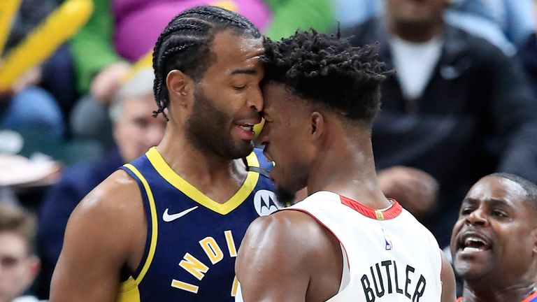 TJ Warren and Jimmy Butler confront each other during Miami&#39;s win over Indiana