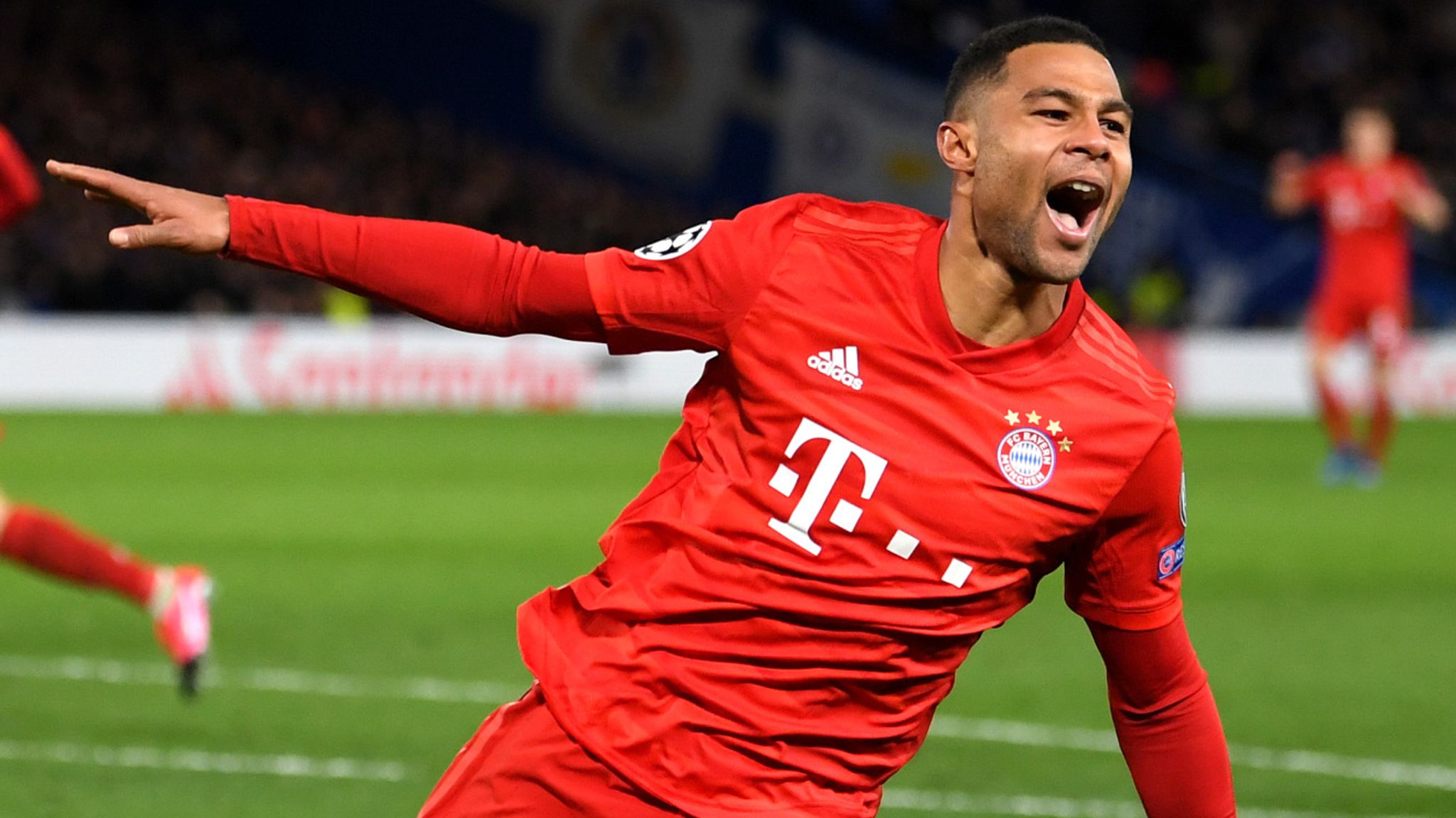  Serge Gnabry celebrates scoring a goal for Bayern Munich against Arsenal in the Champions League.