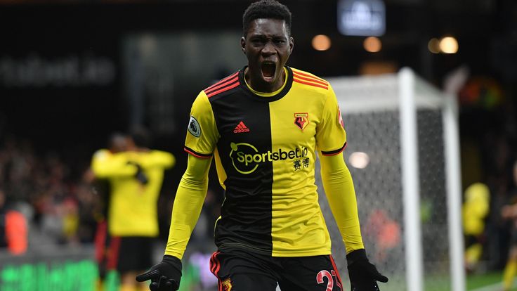 Ismaila Sarr celebrates after he scores Watford's first goal