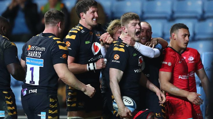 Jack Willis of Wasps celebrates scoring a try during the Gallagher Premiership Rugby match between Wasps and Saracens at on February 21, 2020 in Coventry, England. 