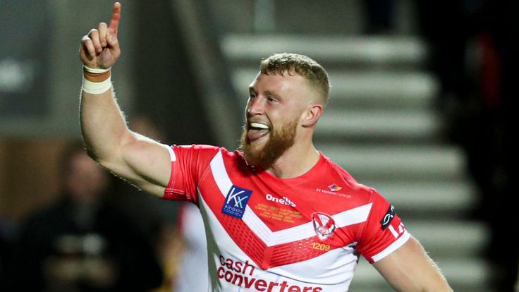 Picture by Paul Currie/SWpix.com - 22/02/2020 - Rugby League - Betfred World Club Challenge - St Helens v Sydney Roosters - The Totally Wicked Stadium, Langtree Park, St Helens, England - St Helens' Luke Thompson celebrates scoring the 1st try