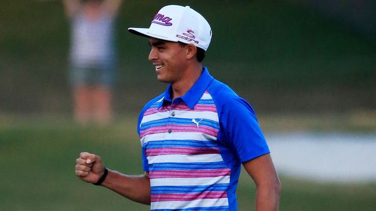 Rickie Fowler celebrates after clinching victory in The Players Championship in 2015