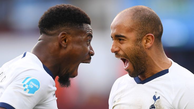 Serge Aurier and Lucas Moura celebrate during Tottenham's 3-2 win over Aston Villa