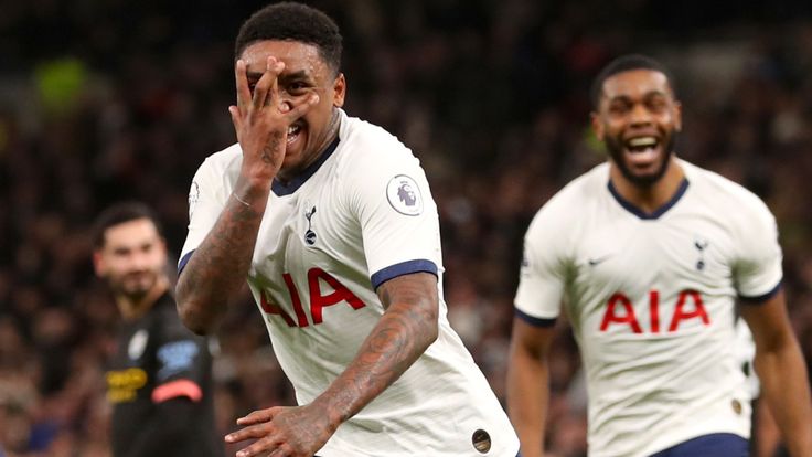 Steven Bergwijn celebrates after scoring on his Tottenham Hotspur debut