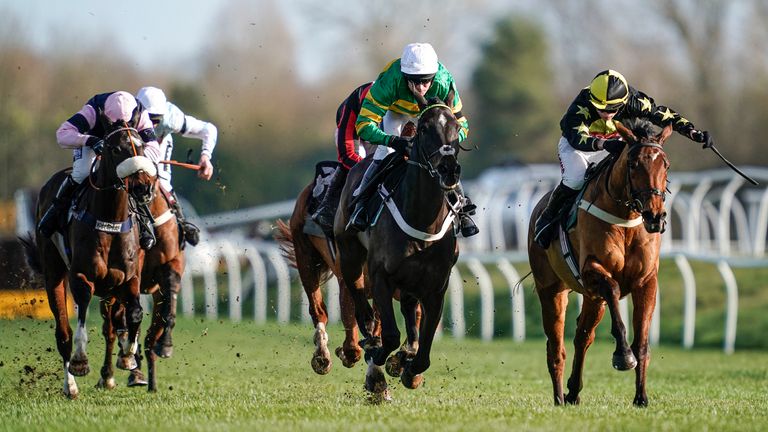 NEWBURY, ENGLAND - FEBRUARY 08: Barry Geraghty riding Chantry House (green) clear the last to win The Set Your Own Odds On Betfair Exchange Novices' Hurdle at Newbury Racecourse on February 08, 2020 in Newbury, England. (Photo by Alan Crowhurst/Getty Images)