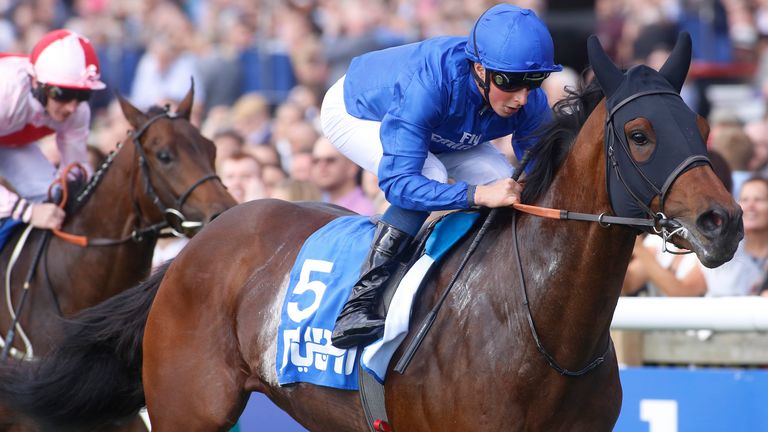 Ghaiyyath ridden by William Buick leads Dream Today ridden by PJ McDonald to win The Masar Godolphin Autumn Stakes Race run during day two of the Dubai Future Champions Festival at Newmarket Racecourse, Newmarket.