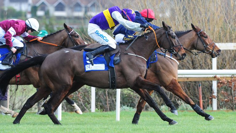 Latest Exhibition ridden by Bryan Cooper (front) goes on to win the Nathaniel Lacy & Partners Solicitors 50,000 Cheltenham Bonus For Stable Staff Novice Hurdle during day one of the Dublin Racing Festival at Leopardstown Racecourse. PA Photo. Picture date: Saturday February 1, 2020. See PA story RACING Leopardstown. Photo credit should read: PA Wire