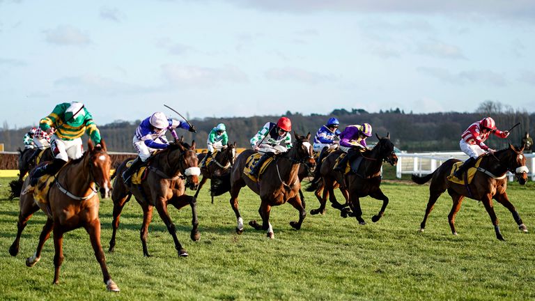 Pic D'Orhy (L, blue/pink cap) clear the last to win the Betfair Hurdle 