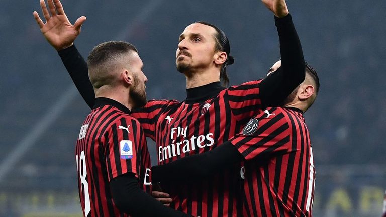 AC Milan's Zlatan Ibrahimovic celebrates scoring against Inter Milan