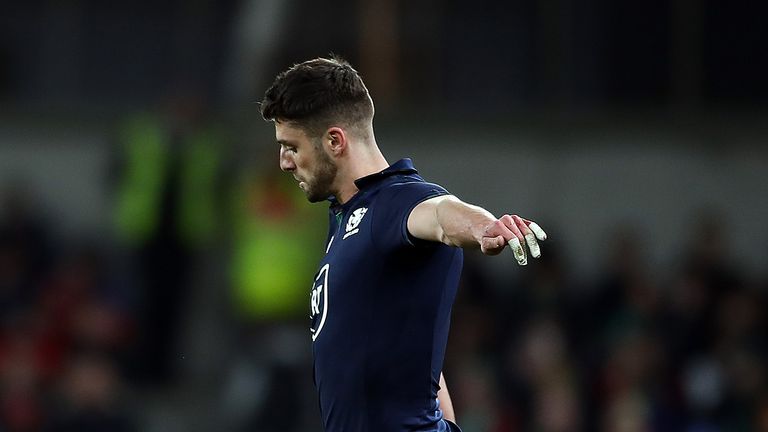 Adam Hastings of Scotland takes a kick during the 2020 Guinness Six Nations match between Ireland and Scotland at Aviva Stadium on February 01, 2020 in Dublin, Dublin.