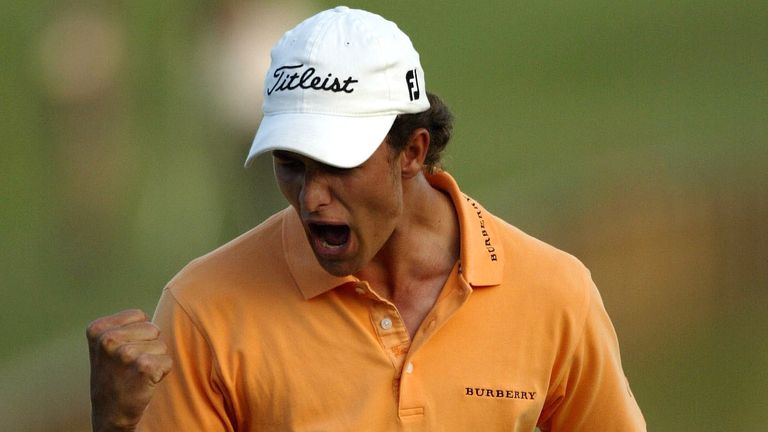 Adam Scott celebrates after holing the winning putt at The Players Championship in 2004