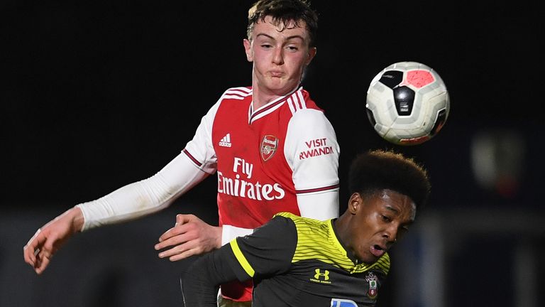 Arsenal's Alex Kirk and Ramello Mitchell of Southampton compete for possession during the FA Youth Cup 4th Round match between Arsenal U18 and Southampton U18