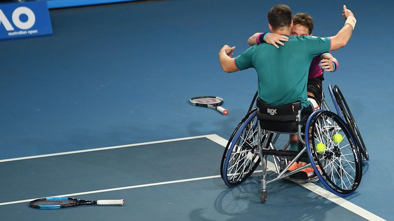 Alfie Hewitt and Gordon Reid of Great Britain celebrate after winning match point in their Men&#39;s Wheelchair Doubles Final match against Stephane Houdet and Nicolas Peifer of France on day twelve of the 2020 Australian Open at Melbourne Park on January 31, 2020 in Melbourne, Austra