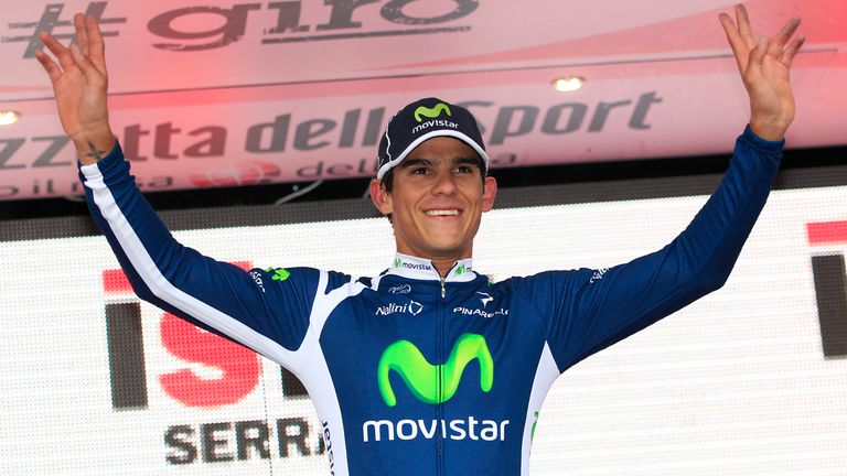 Andrey Amador celebrates after finishing first in the 14th stage of the Giro d'Italia in 2012