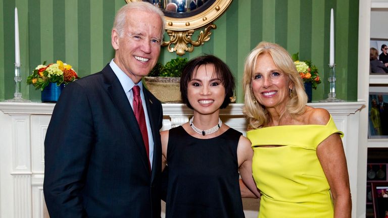 Vice President Joe Biden and Dr. Jill Biden stand for a photo line during an LGBT reception, in the library at the Naval Observatory Residence, in Washington, D.C., June 24, 2014. (Official White House Photo by David Lienemann) 
