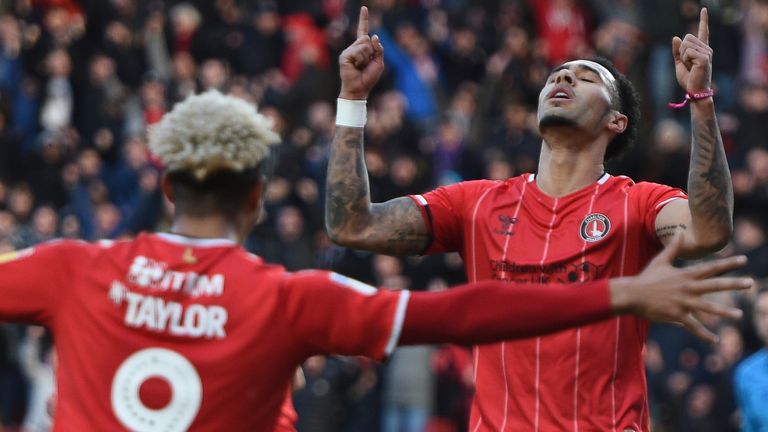 Charlton Athletic's Andre Green celebrates scoring their second goal with Lyle Taylor