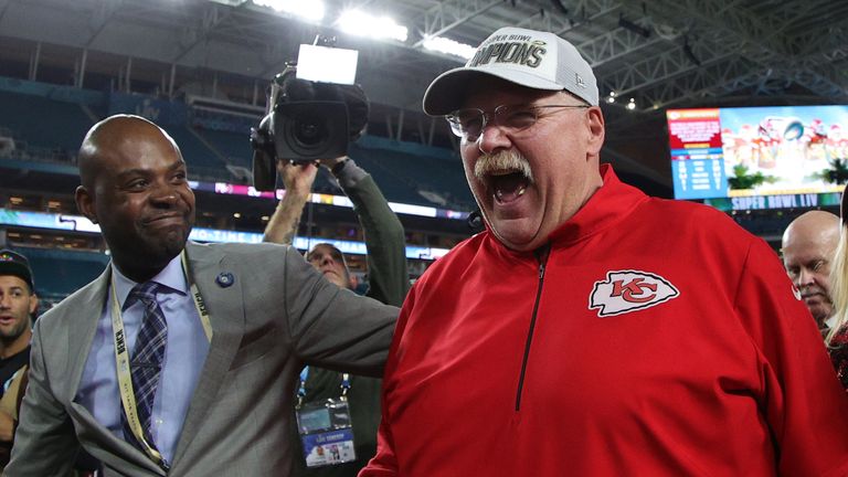 Andy Reid was jubilant after winning his first Super Bowl in 21 seasons as a head coach