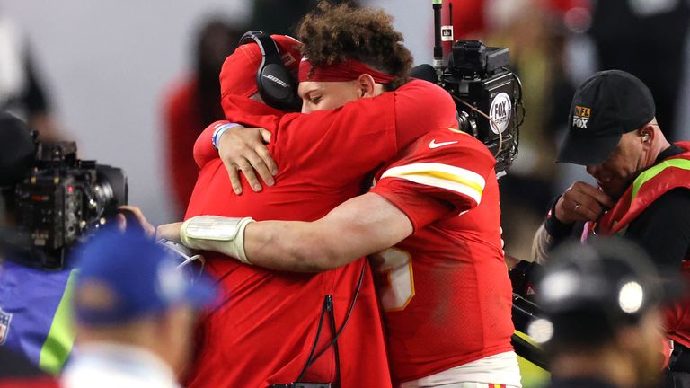 Patrick Mahomes and Andy Reid embrace after Kansas City Chiefs won Super Bowl LIV with victory over San Francisco in Miami