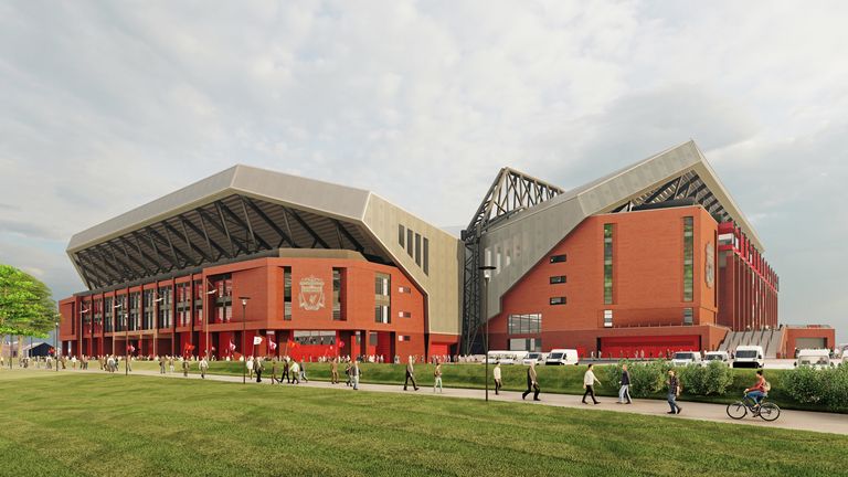 Computer generated image showing outside of new Anfield Road Stand