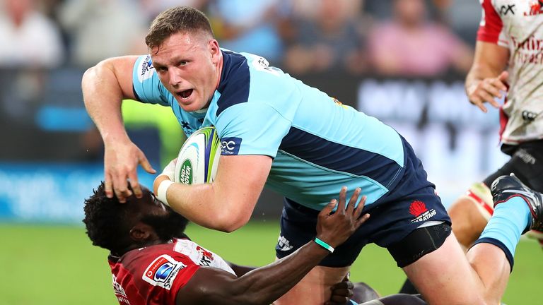 SYDNEY, AUSTRALIA - FEBRUARY 28: Angus Bell of the Waratahs is tackled during the round five Super Rugby match between the Waratahs and the Lions at Bankwest Stadium on February 28, 2020 in Sydney, Australia. (Photo by Mark Kolbe/Getty Images)