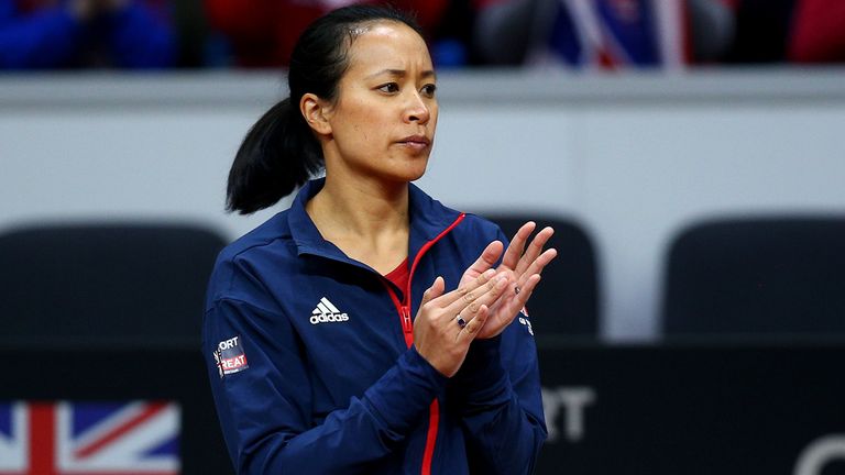Great Britain captain Anne Keothavong cheers on Heather Watson during her singles match against Anna Karolina Schmiedlova of Slovakia during the Fed Cup Qualifier match between Slovakia and Great Britain at AXA Arena NTC on February 7, 2020 in Bratislava,