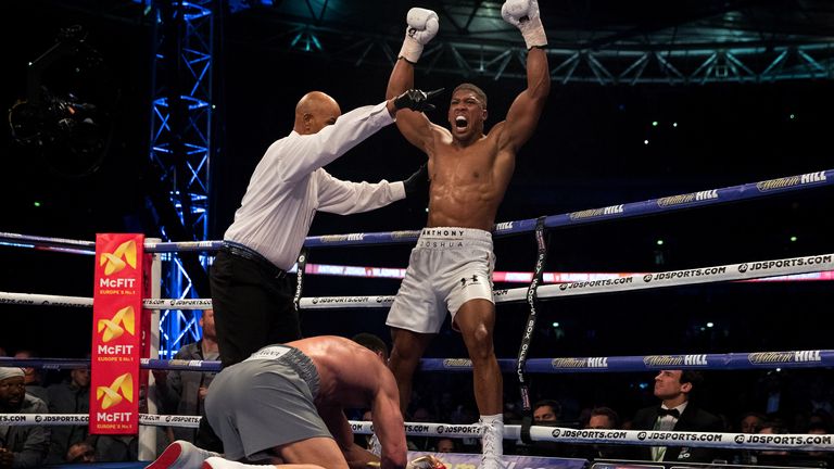 Anthony Joshua stops Wladimir Klitschko in the eleventh round at Wembley