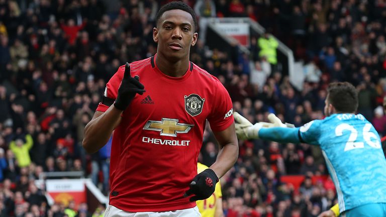 MANCHESTER, ENGLAND - FEBRUARY 23: Anthony Martial of Manchester United celebrates scoring their second goal during the Premier League match between Manchester United and Watford FC at Old Trafford on February 23, 2020 in Manchester, United Kingdom. (Photo by John Peters/Manchester United via Getty Images)