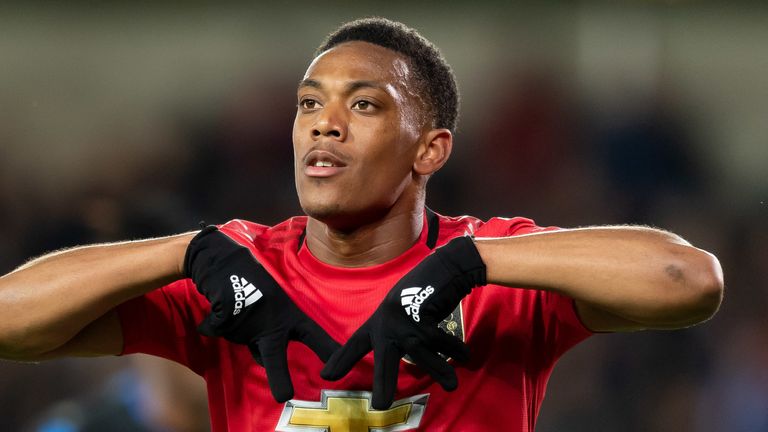 Anthony Martial celebrates his well-taken goal against Club Brugge