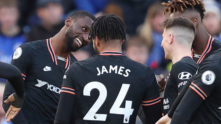 Antonio Rudiger celebrates his opener against Leicester