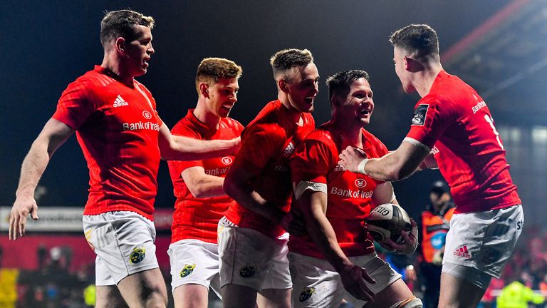 14 February 2020; Arno Botha of Munster, second from right, celebrates with team-mates after scoring a try during the Guinness PRO14 Round 11 match between Munster and Isuzu Southern Kings at Irish Independent Park in Cork. Photo by Brendan Moran/Sportsfile
