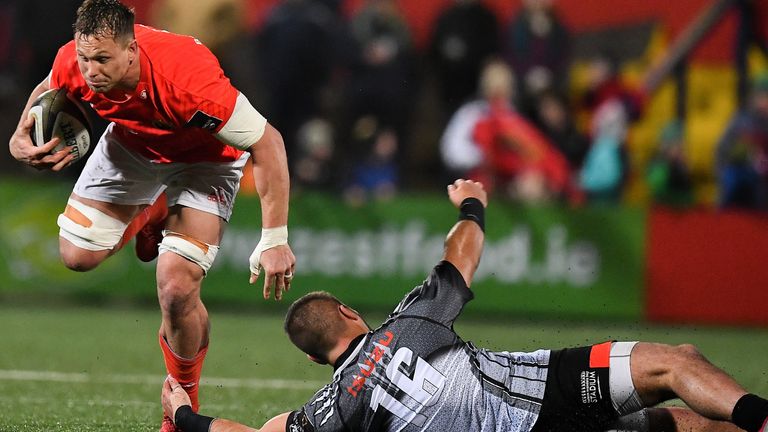 14 February 2020; Arno Botha of Munster is tackled by Alandre van Rooyen of Isuzu Southern Kings during the Guinness PRO14 Round 11 match between Munster and Isuzu Southern Kings at Irish Independent Park in Cork. Photo by Brendan Moran/Sportsfile