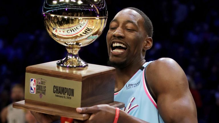 Bam Adebayo lifts the trophy after winning the Skills Challenge at All-Star Saturday Night