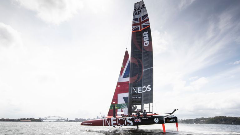Great Britain SailGP Team helmed by Ben Ainslie sail toward Sydney Harbour Bridge during a practice session ahead of Sydney SailGP, Event 1 Season 2 in Sydney Harbour, Sydney, Australia. 21 February 2020. Photo: Lloyd Images for SailGP. Handout image supplied by SailGP