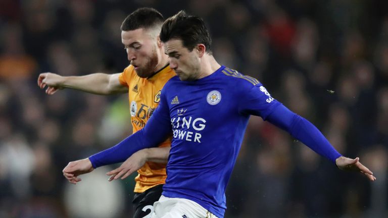 Ben Chilwell and Matt Doherty battle for the ball during Wolves vs Leicester