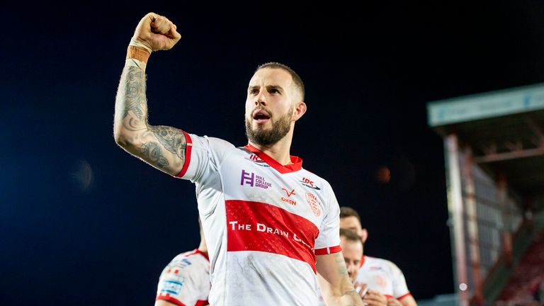 Picture by Allan McKenzie/SWpix.com - 31/01/2020 - Rugby League - Betfred Super League - Hull KR v Wakefield Trinity - Hull College Craven Park, Hull, England - Hull KR's Ben Crooks celebrates after his four tries & victory against Wakefield.