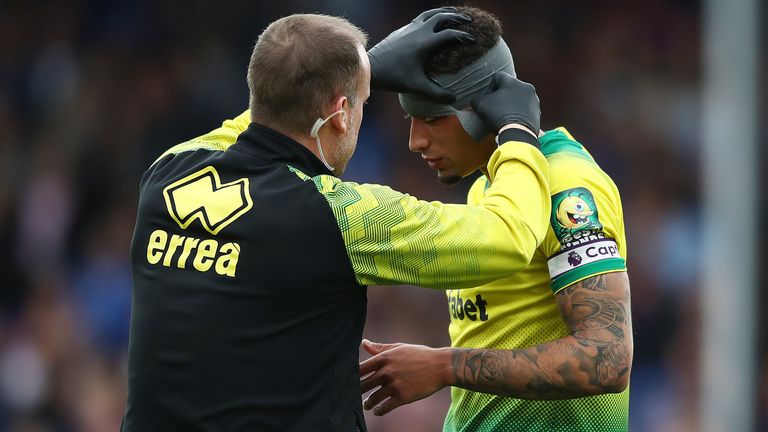 Norwich City Captain Ben Godfrey receives attention to a head injury during the Premier League against Crystal Palace