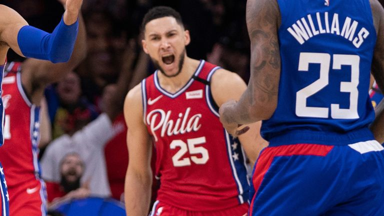 Ben Simmons celebrates a basket in the 76ers' win over the Clippers