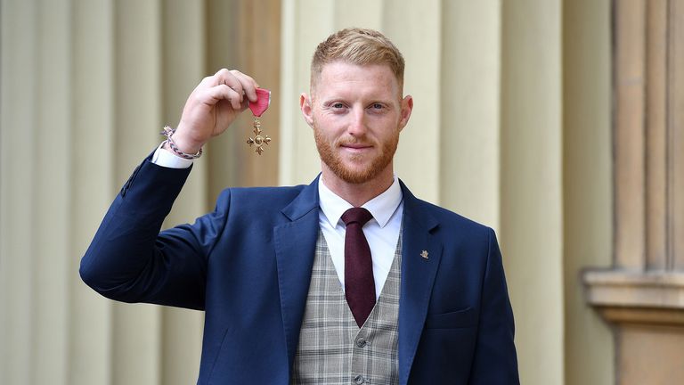England cricketer Ben Stokes poses with his medal after being appointed an Officer of the Order of the British Empire (OBE) following an investiture service at Buckingham Palace in London on February 25, 2020.