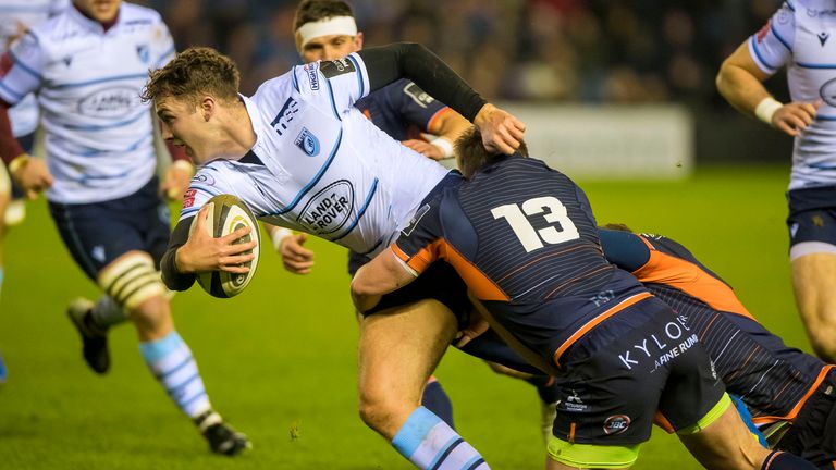 Cardiff's Ben Thomas is tackled by James Johnson