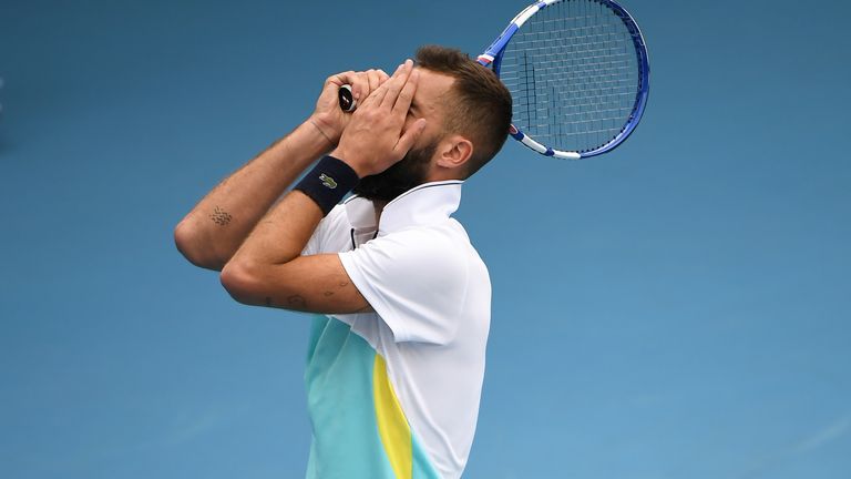 France's Benoit Paire reacts after a point against Croatia's Marin Cilic during their men's singles match on day three of the Australian Open tennis tournament in Melbourne on January 22, 2020.