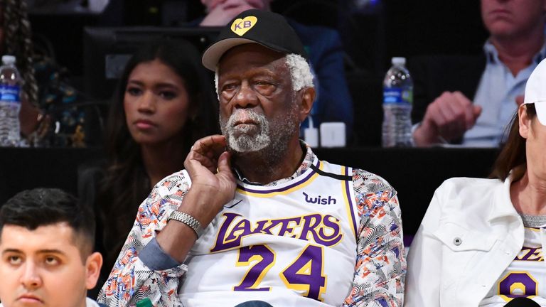 Bill Russell sits courtside as the Lakers play the Celtics at Staples Center