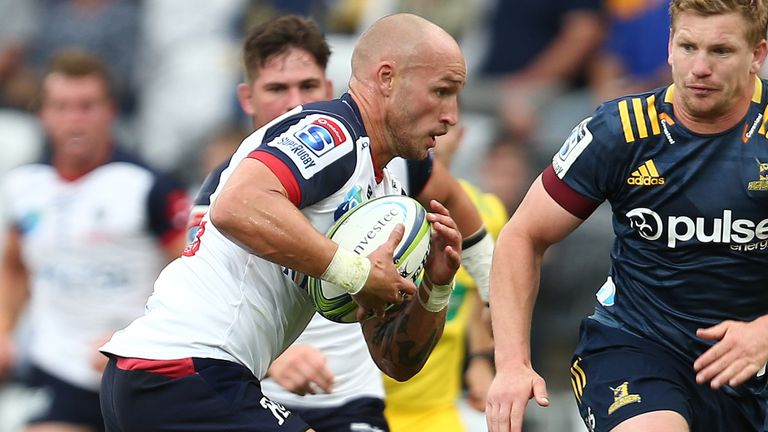 DUNEDIN, NEW ZEALAND - FEBRUARY 28: Billy Meakes of the Rebels makes a break during the round five Super Rugby match between the Highlanders and the Rebels at Forsyth Barr Stadium on February 28, 2020 in Dunedin, New Zealand. (Photo by Teaukura Moetaua/Getty Images)
